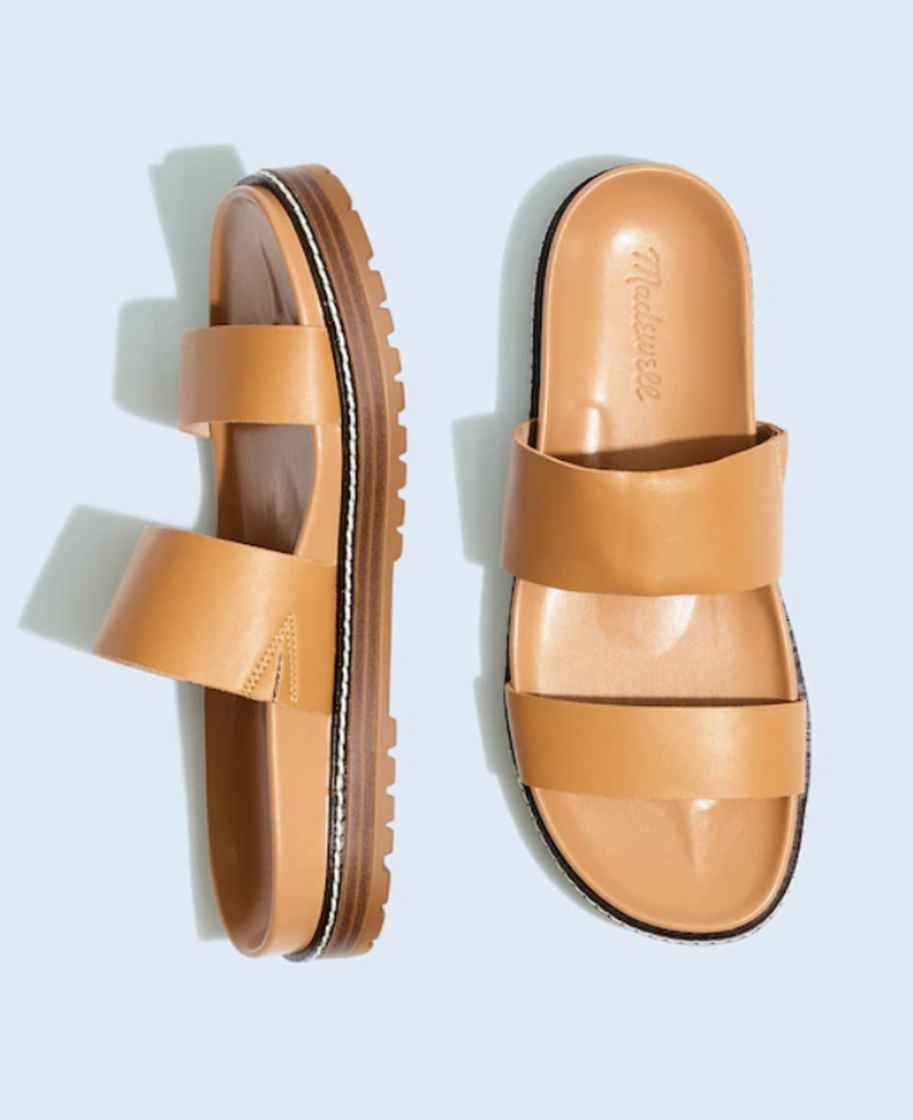 Madewell Charity Double Slide Sandals 5 Tan Leather Resort Comfort Travel ND955
